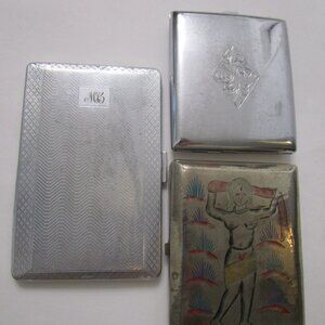3 Metal Cigarette Card Cases Silverplate Vintage India Yoga Bollywood England